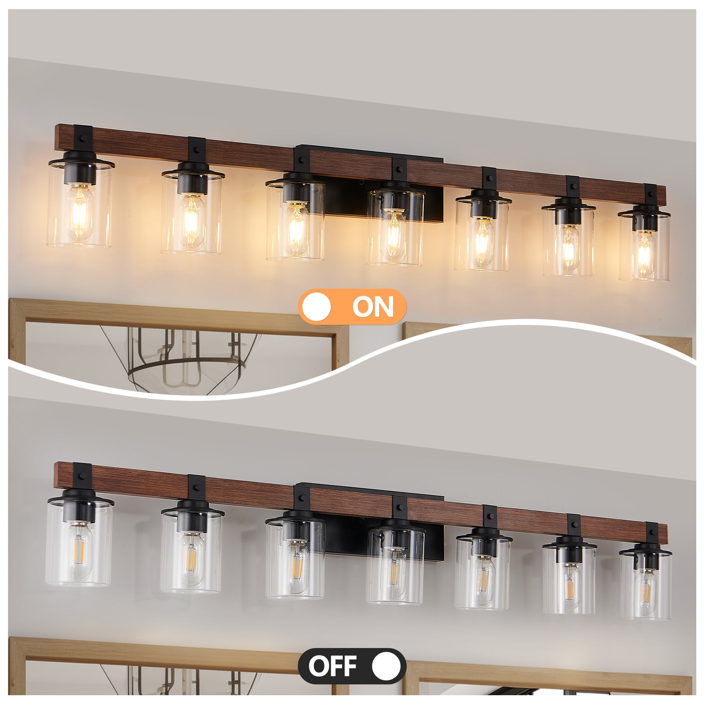 50in Rustic 7-Light Vanity Light, Industrial Bathroom Wall Sconce With Glass Shades And Wood Accent, Modern Farmhouse Lighting Fixture  No Bulbs