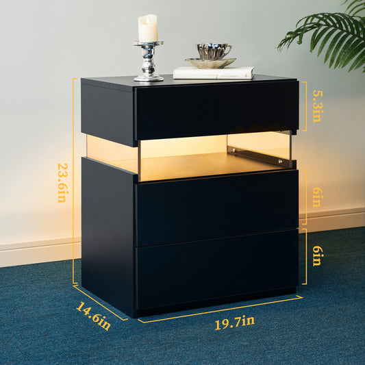 LED Nightstands 3 Drawer Dresser For Bedroom End Table With Acrylic Board LED Bedside Tables Black