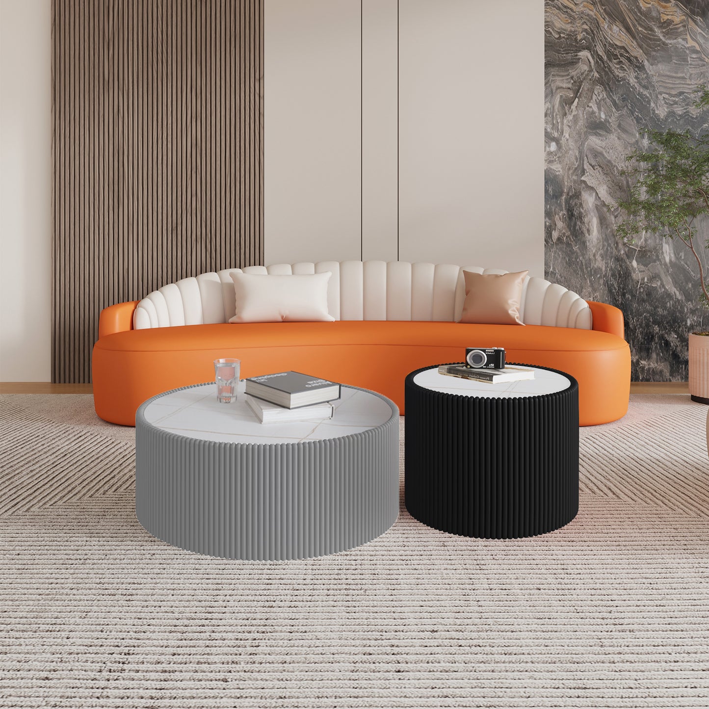 Light Sintered Stone Top Cylinder Shape Leather Coffee Modern Sofa Table For Living Room Furniture Each Tabletop Has A Unique Gold Pattern