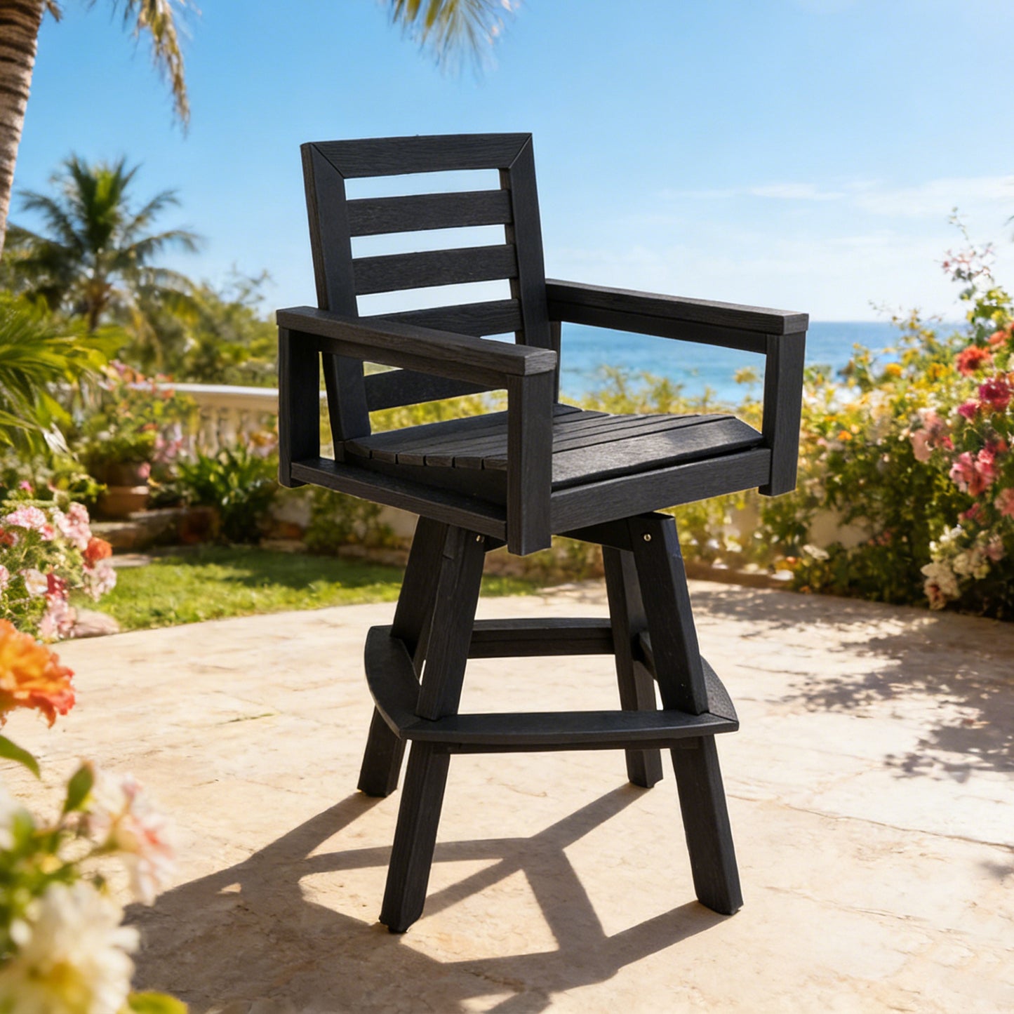 Outdoor Swivel Bar Stools, Carbon HDPE High-Density Polyethylene Patio Bar Chair With 360 Swivel & Ladderback, All-Weather Bar Height Stool For Deck, Porch, Poolside, Hot-Embossed Wood Grain