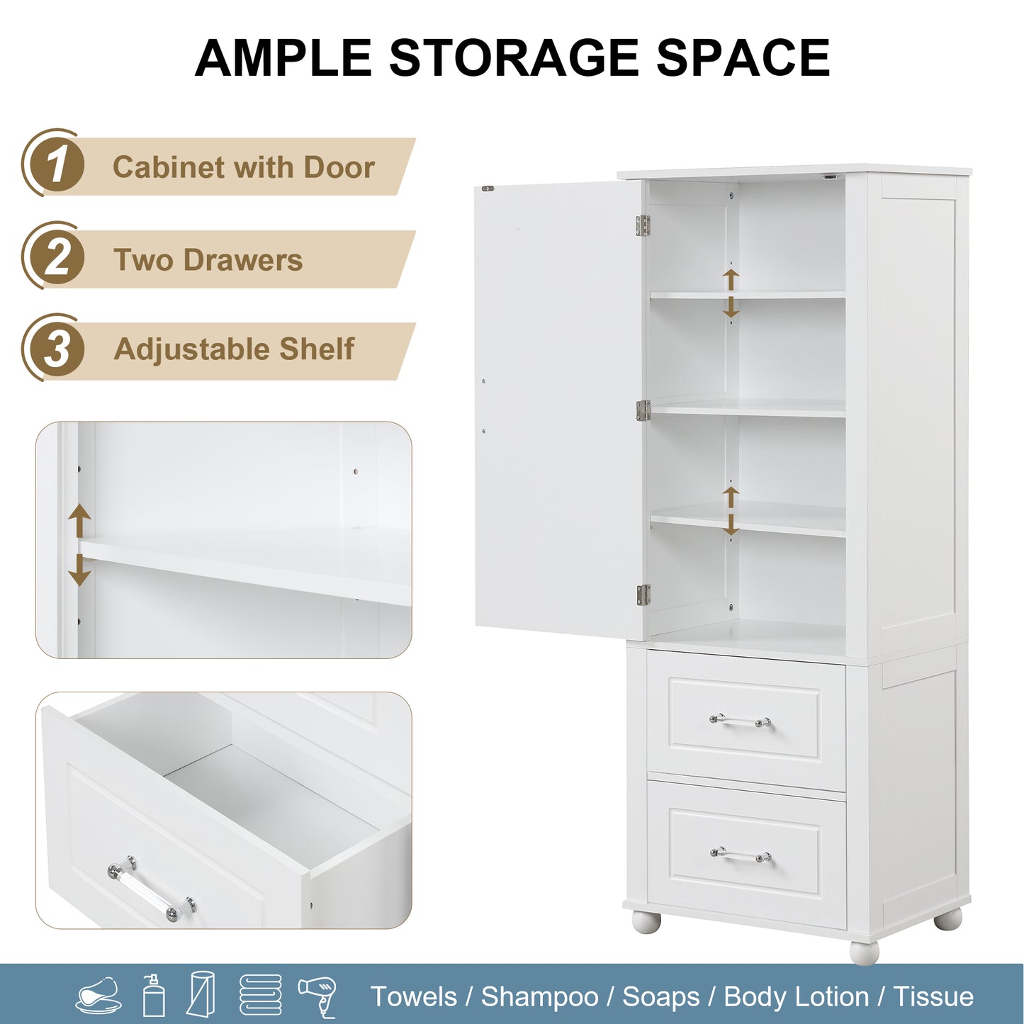 Tall Bathroom Storage Cabinet, Freestanding Storage Cabinet With Two Drawers And Adjustable Shelf, MDF Board With Painted Finish, White