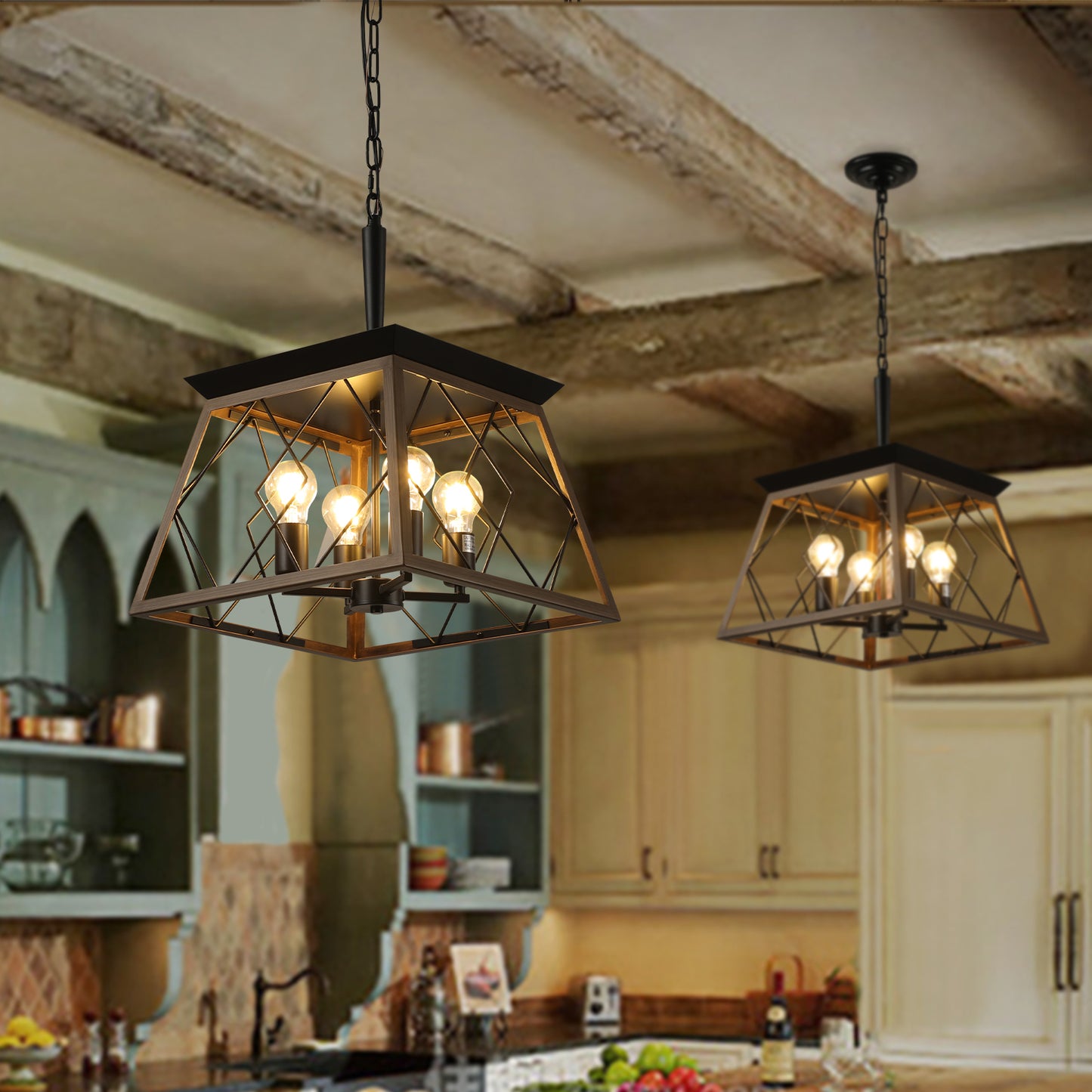 Same As W1340111202-L1008  16in  Walnut Industrial 4-Light Pendant Chandelier, Modern Metal Cage Design, Adjustable Hanging Light For Dining Room, Kitchen, Living Room  No Bulbs