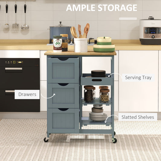 Rolling Kitchen Cart, Kitchen Island With Wood Top, Shelves & Drawers For Dining Area, Gray