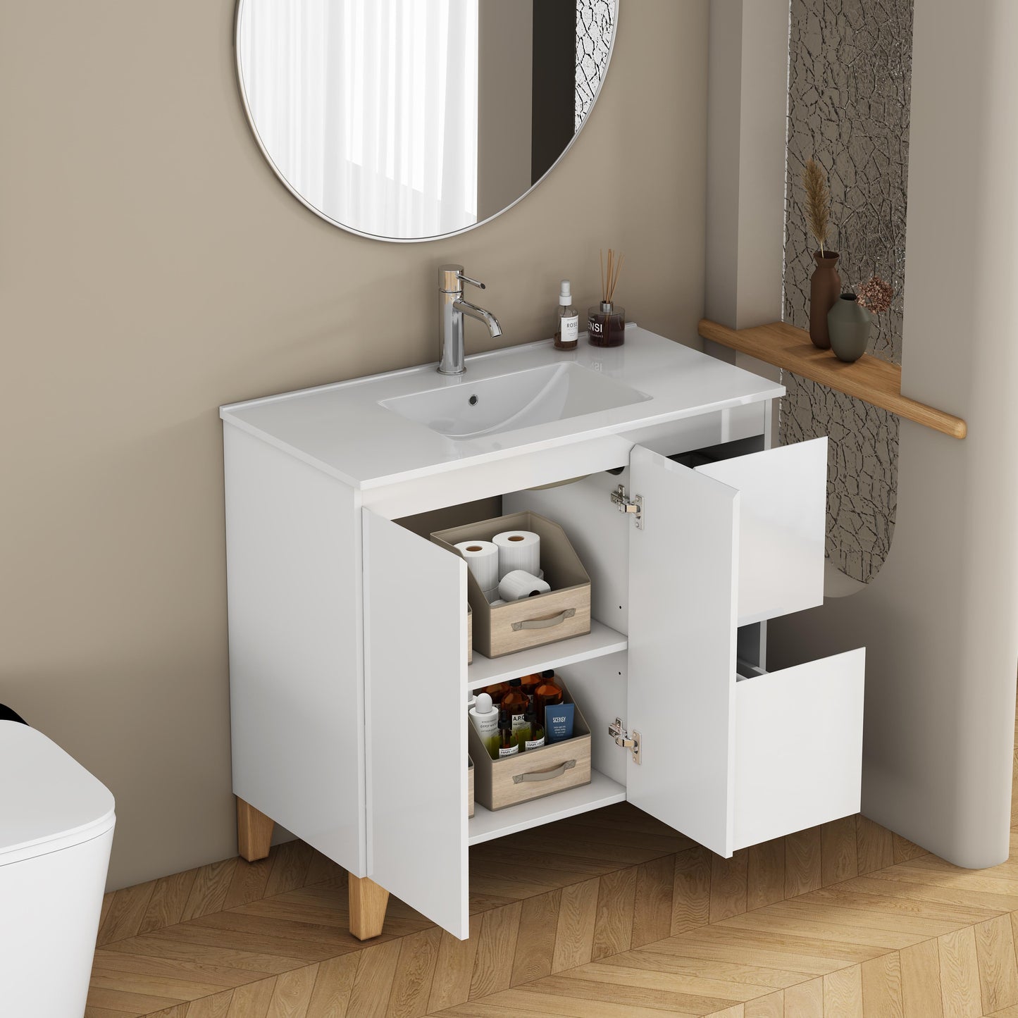 36-Inch Modern Bathroom Vanity With Sink Combo, 2 Doors And 2 Big Drawer, Soft-Clost System,Handle-Free Design,Natural Solid Wood Feet,Ceramic Basin,Ceramic Basin,Easy Assemble,Glossy White
