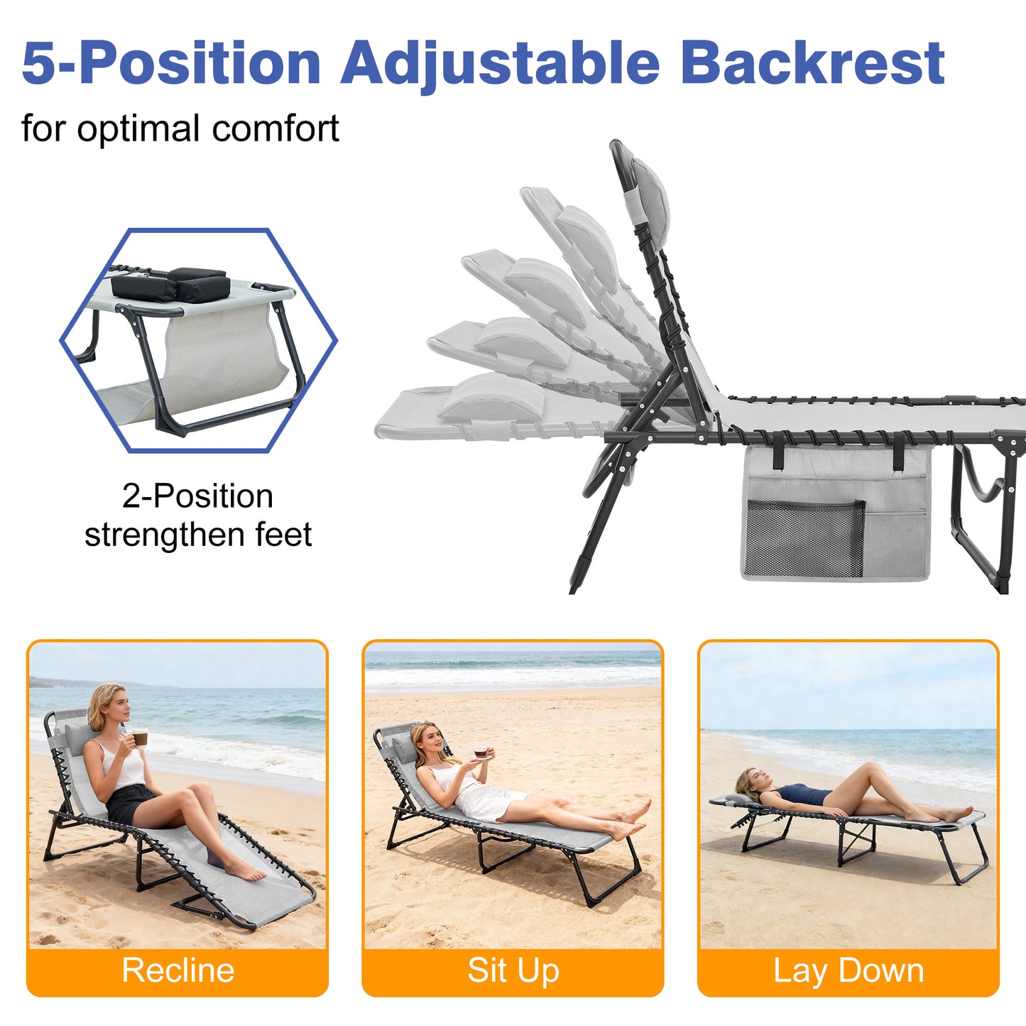 Face Down Chaise Lounge Chair 5-Position Adjustable Sunbathing, Foldable Tanning Chair With Face& Arm Holes, Outdoor Recliner Chair For Pool, Beach, Patio, Lawn  Gray, 2 Pcs