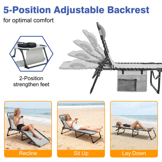 Face Down Chaise Lounge Chair 5-Position Adjustable Sunbathing, Foldable Tanning Chair With Face& Arm Holes, Outdoor Recliner Chair For Pool, Beach, Patio, Lawn  Gray, 2 Pcs