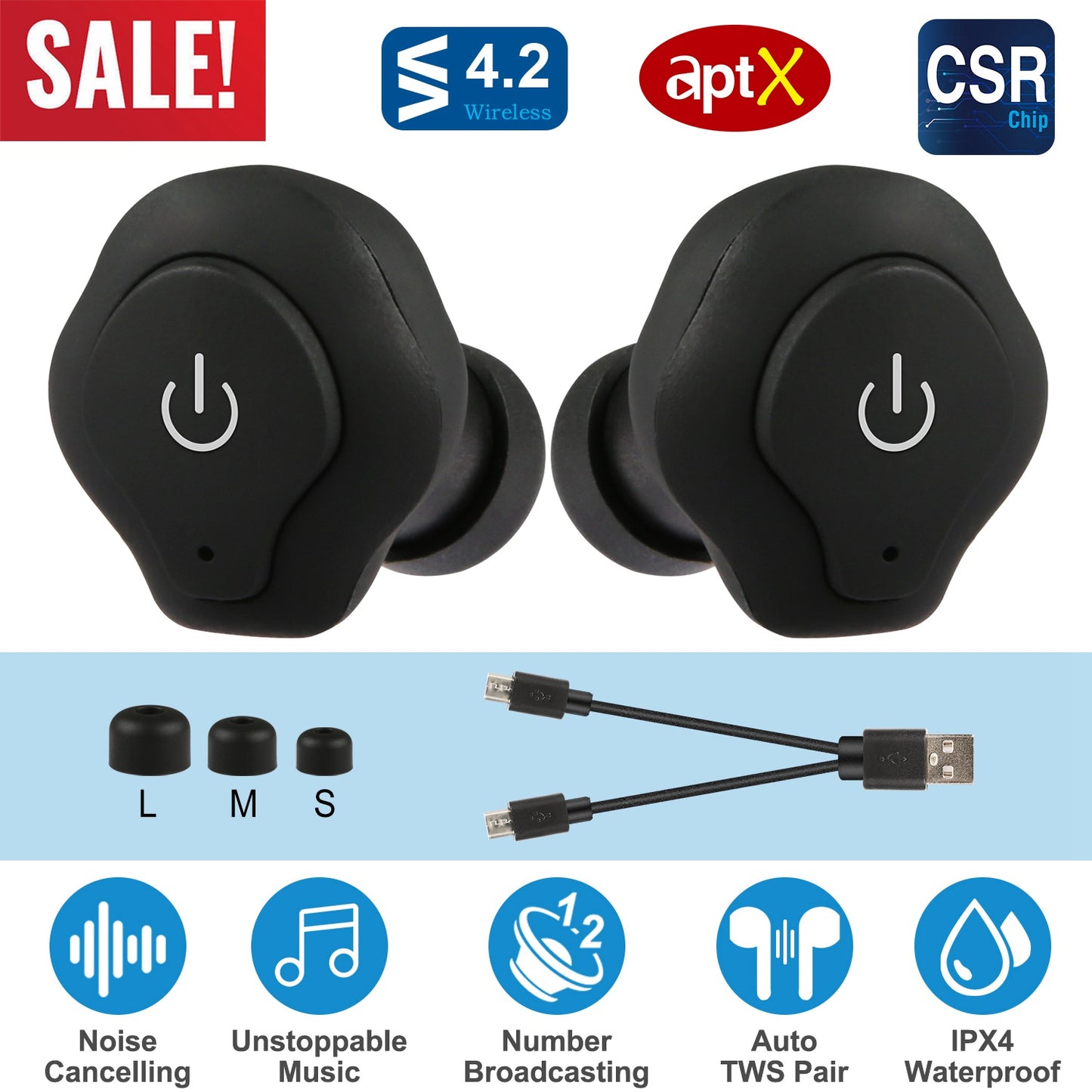 1 Pair True Wireless Earbuds CSR V4.2 In-ear Stereo Headsets IP44 Waterproof Apt-X TWS Headphones Noise Cancelling With Mic For Business Driving Walking