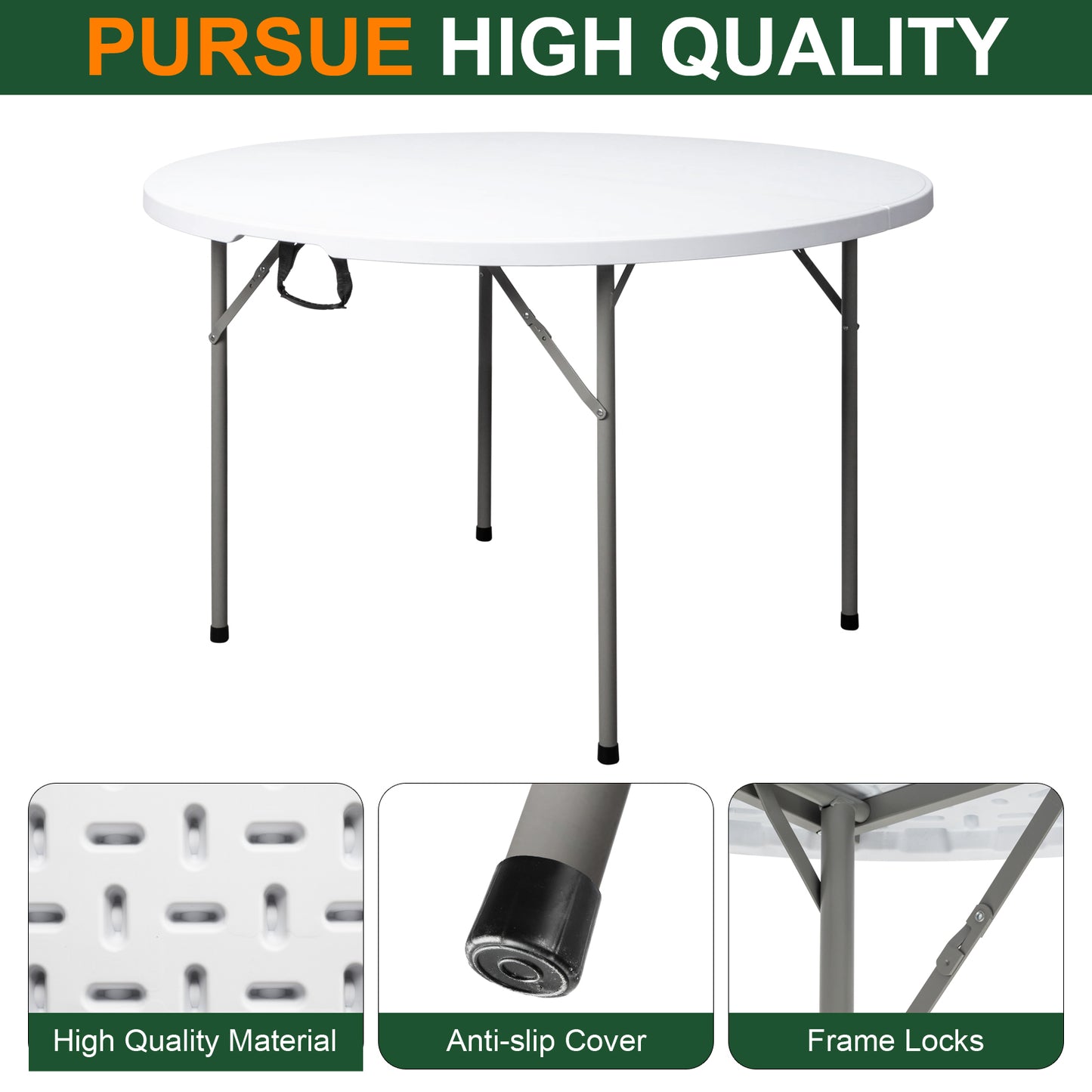 Circular Round Foldable Table With Built In Handle & Steel Legs Heavy Duty Portable Perfect For Party, Dining, Wedding, Events, Picnic Indoor, Outdoor, Camping
