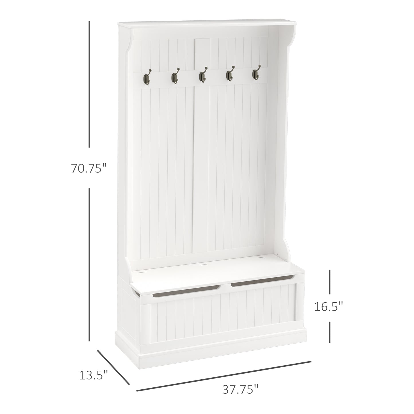 3-In-1 Entryway Bench With Coat Rack, Hall Tree With Bench And Shoe Storage, 5 Hooks For Hallway Cream White