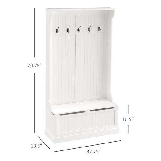 3-In-1 Entryway Bench With Coat Rack, Hall Tree With Bench And Shoe Storage, 5 Hooks For Hallway Cream White