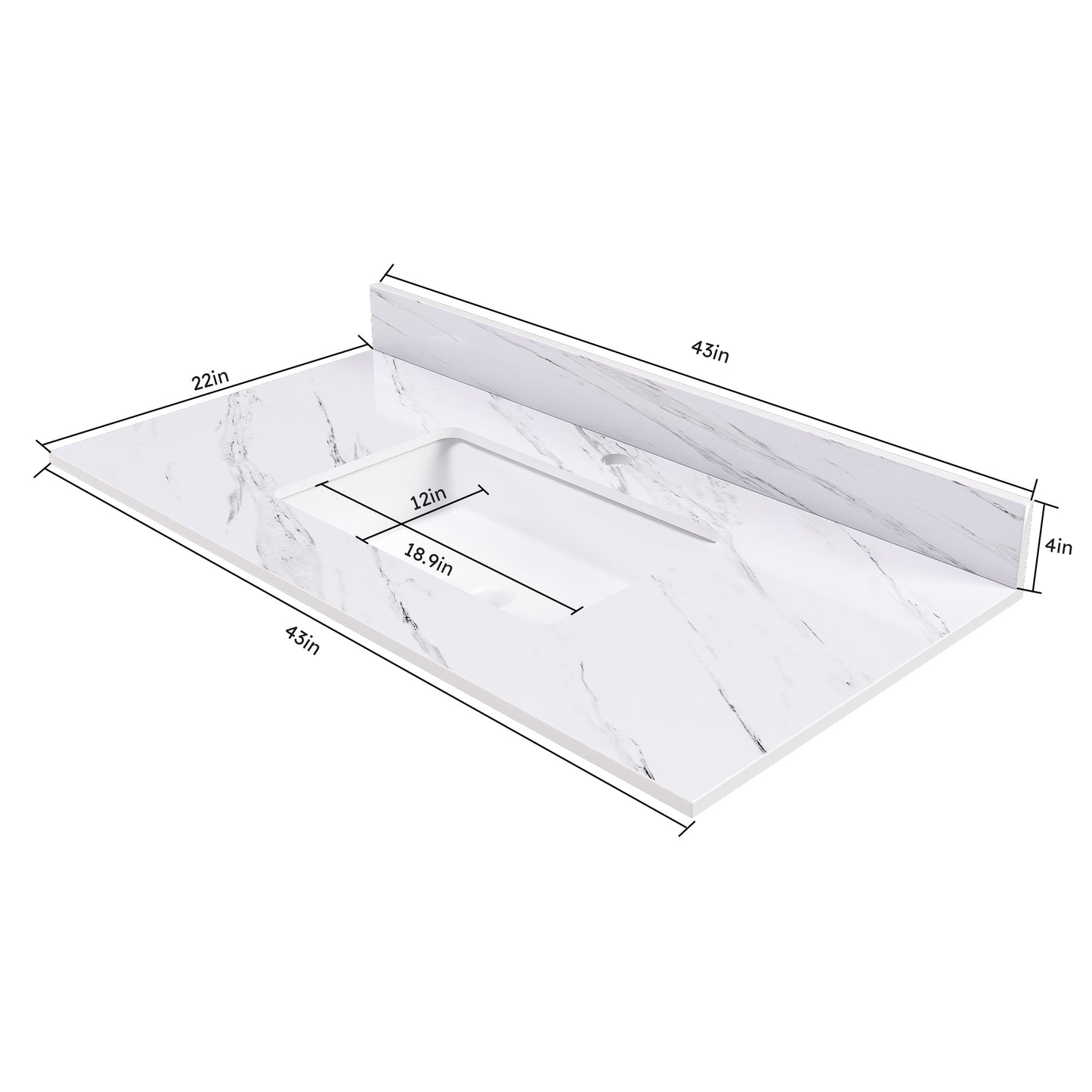 43 Inch Marble Vanity Top  White Vanity Top With 1 Pre-drilled Faucet Holes  Bathroom Vanity Top With Undermount Rectangular Middle Sink And 4 Height Backsplash   Bianco Carrara Venato