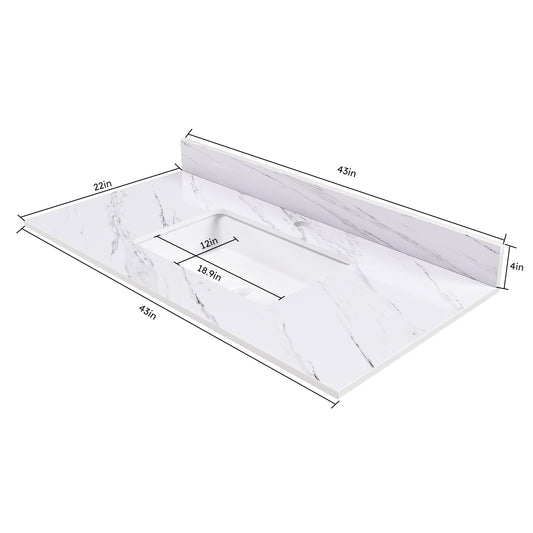 43 Inch Marble Vanity Top  White Vanity Top With 1 Pre-drilled Faucet Holes  Bathroom Vanity Top With Undermount Rectangular Middle Sink And 4 Height Backsplash   Bianco Carrara Venato