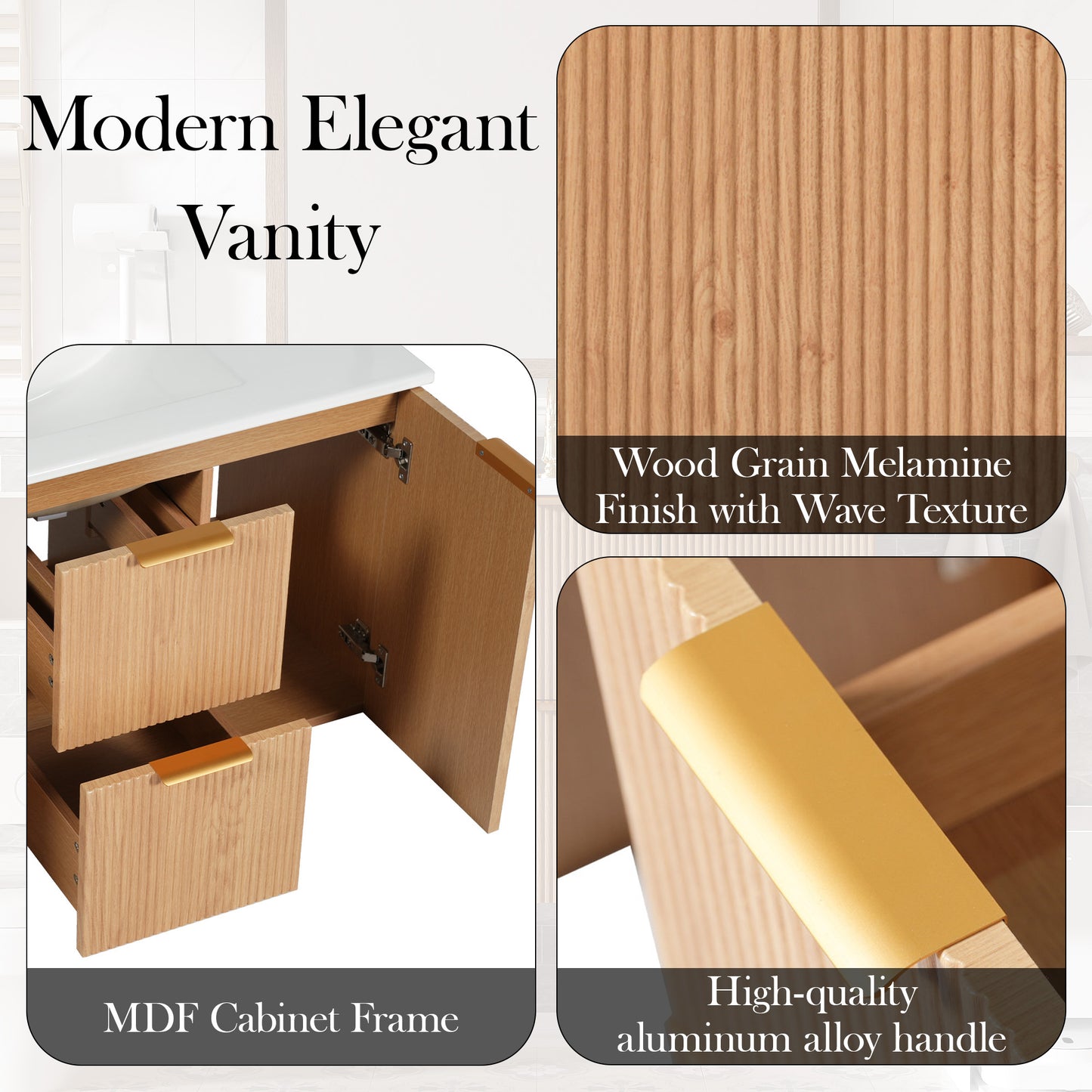 36 Inch Single Sink Bathroom Vanity With Ceramic Top, MDF Cabinet, Soft Close Doors, Divided Drawers, Wall-Mounted Modern Storage Vanity
