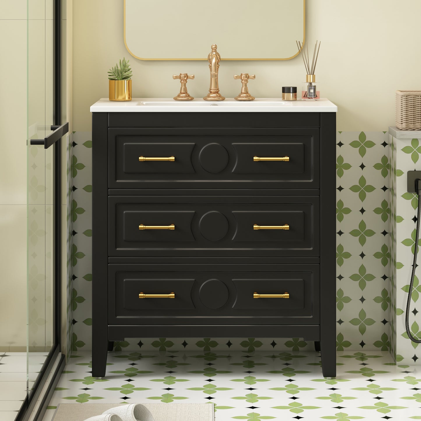 30   Bathroom Vanity With Ceramic Sink Combo, Free Standing Single Vanity Set With 3 Drawers, Solid Wood Frame Bathroom Storage Cabinet, Black