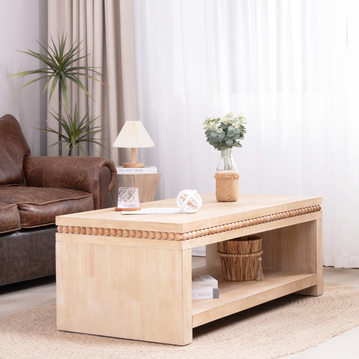 Modern Wood Coffee Table With Beaded Trim  47  Rectangular Coffee Table With Open Storage Shelf, Light Natural Finish  Farmhouse & Coastal Living Room Furniture