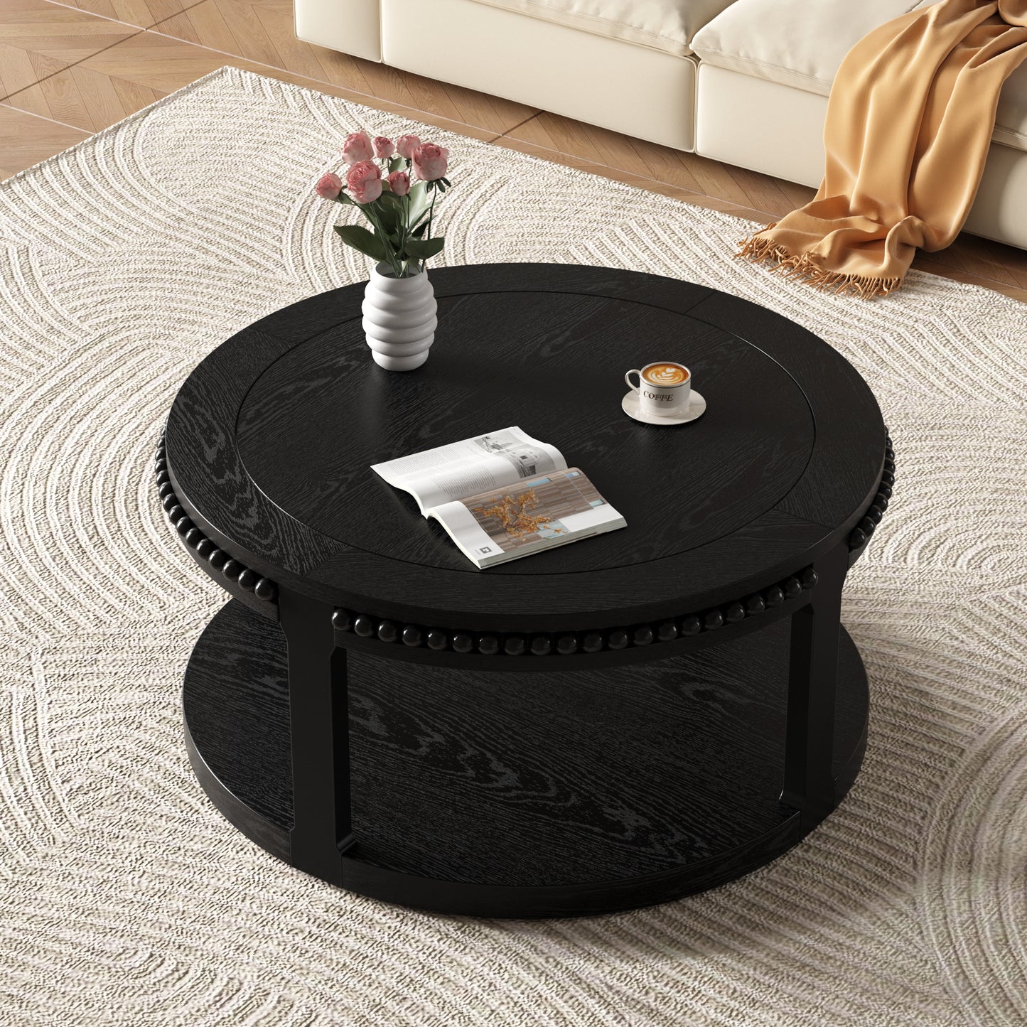 31.5 Inch Solid Wood Round Coffee Table For Living Room,2-Tier Rustic Wood Desktop With Storage Shelf Modern Design Home Furniture Black