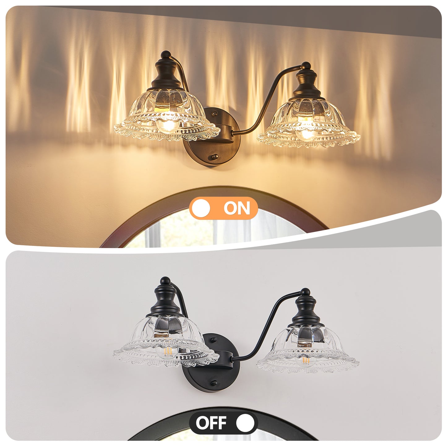 20 Inch 2-Light Vintage Bathroom Wall Sconce -- Elegant Black Metal And Glass Lampshade Vanity Light Fixture For Bathroom, Hallway, Or Bedroom  Bulb Not Included