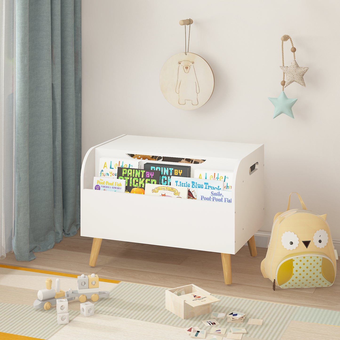 Wooden Toy Box, Kids Toy Storage Organizer With Front Bookshelf, Flip-Top Lid, Safety Hinge, Boys Girls Toy Chest Bench For Playroom Kids Room Organization White