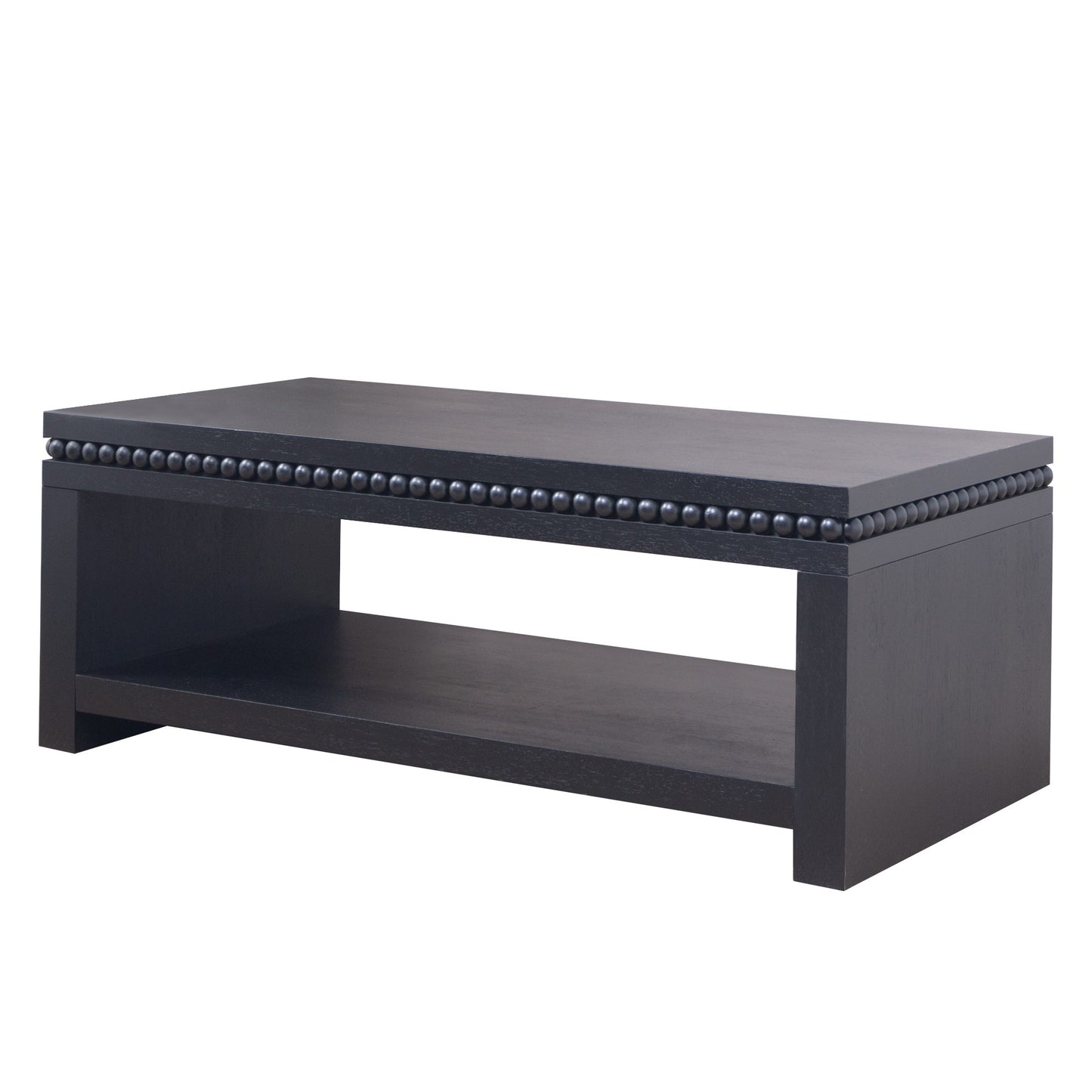 Modern Black Coffee Table With Beaded Trim  47  Rectangular Coffee Table With Open Storage Shelf, Solid Black Finish  Contemporary Living Room Accent Furniture
