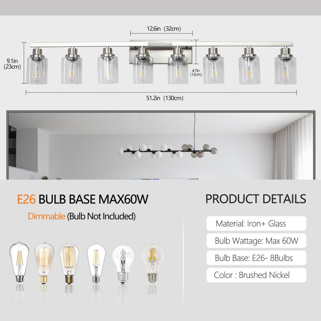 51  Modern 8-Light Bathroom Vanity Light Fixture - Brushed Nickel Finish With Clear Glass Shades, Perfect For Bathroom, Vanity, And Dressing Area Lighting  No Bulbs