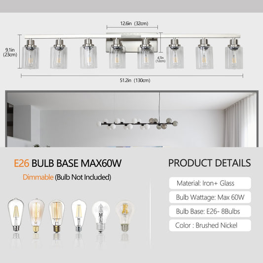 51  Modern 8-Light Bathroom Vanity Light Fixture - Brushed Nickel Finish With Clear Glass Shades, Perfect For Bathroom, Vanity, And Dressing Area Lighting  No Bulbs