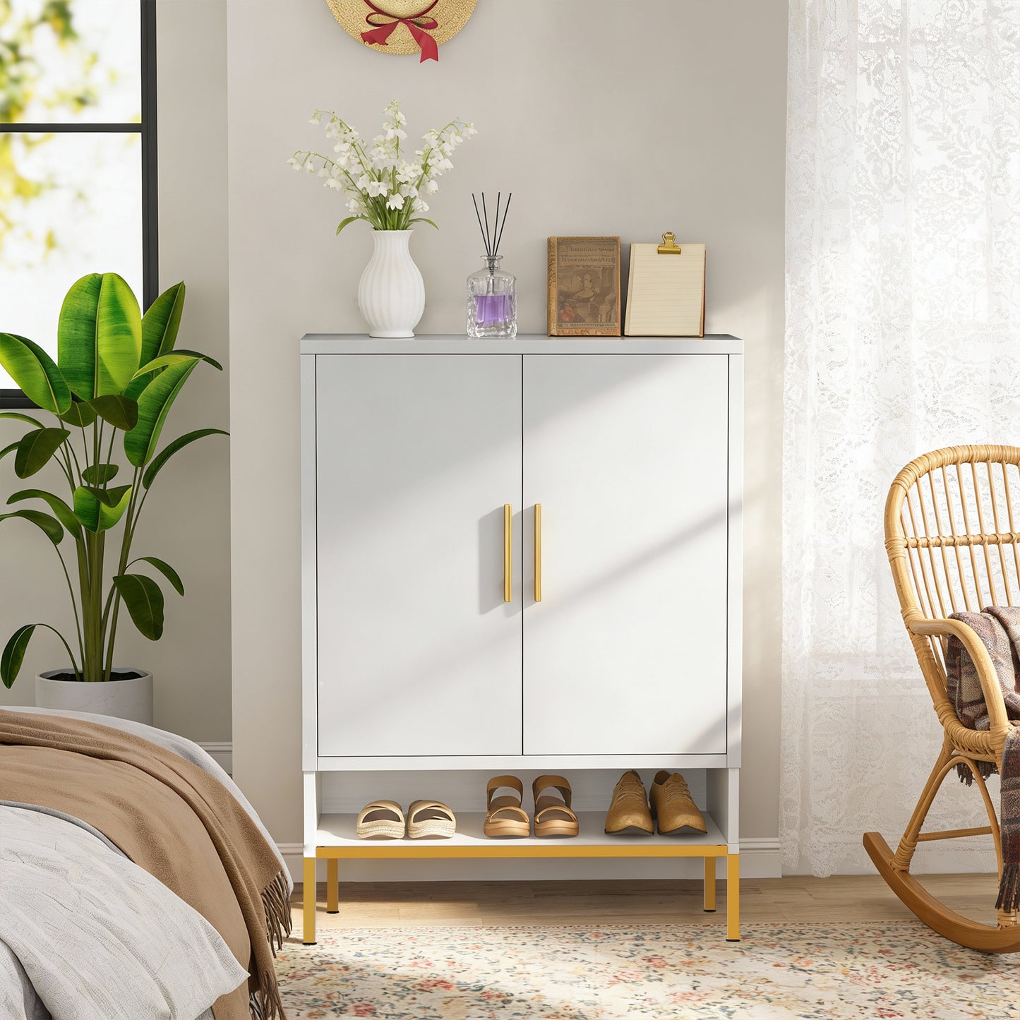 40 Tall  2-Doors Shoes Cabinet, Metal 7-Tier Hidden Shoe Organizer,Modern Narrow Shoe Storage Cabinet With  Adjustable Shelves For Entryway, Hallway, Closet, Bedroom, Living Room,Laundry Room White