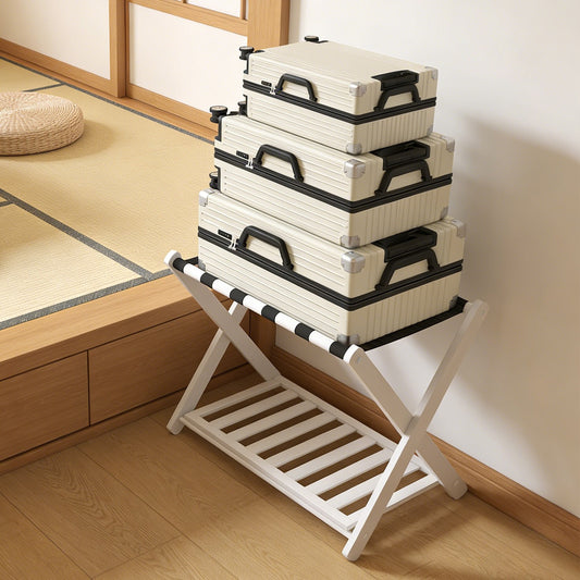 Luggage Rack Foldable Thickened Bamboo Suitcase Stand With Storage Shelf For Hotel Bedroom Guest Room