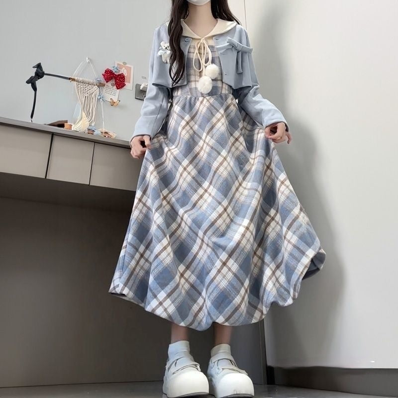 Faux Two-piece Plaid Design Long Sleeve Dress For Women
