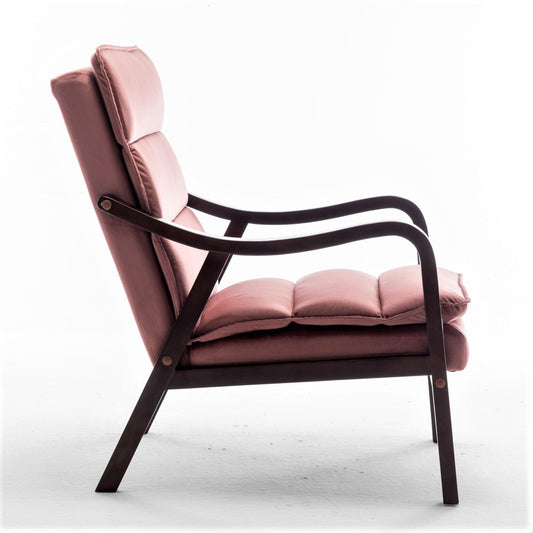 Mid-Century Modern Rose Accent Chair With Wood Armrest, Upholstered Reading Chair For Living Room Bedroom