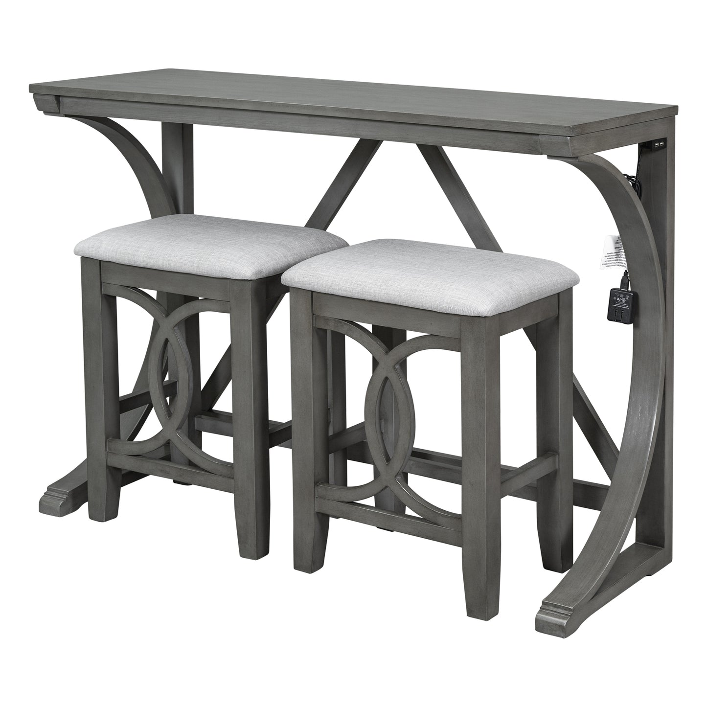 TOPMAx Farmhouse 3- Piece Counter Height Dining Table Set With USB Port And Upholstered Stools Gray