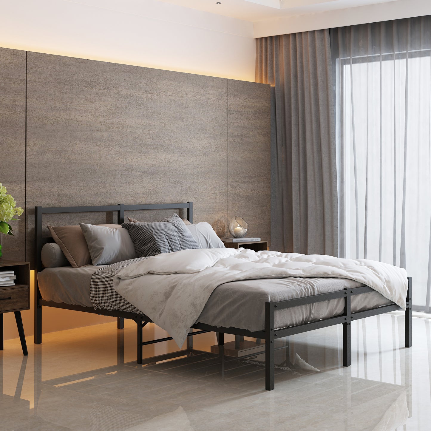 Metal Platform Bed Frame With Headboard, Sturdy Metal Frame, No Box Spring NeededFull