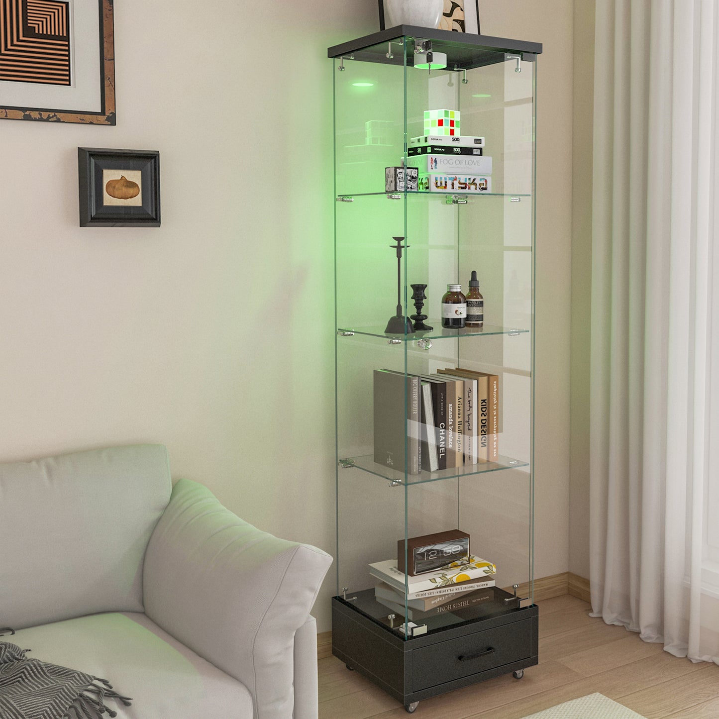 Modern Glass Display Cabinet With Drawer , Quick-assembly Antique Cabinet With LED Lights, Tempered Glass Bookshelf,  1-Door Storage Case With 4 Shelves  For Living Room And Bedroom, Black