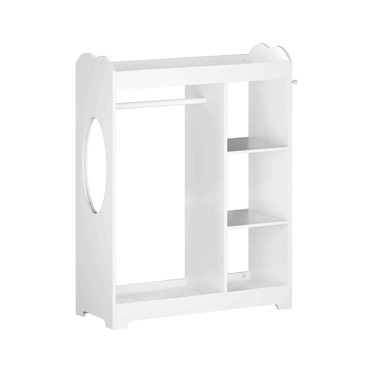 Kids Dress Up Storage With Mirror And Hooks, Wooden Dress Up Clothes Rack With Hanging Rod, 3 Side Hooks, Storage Shelves And Top Shelf, Toddler Costume Organizer For Playroom Bedroom Nursery  White