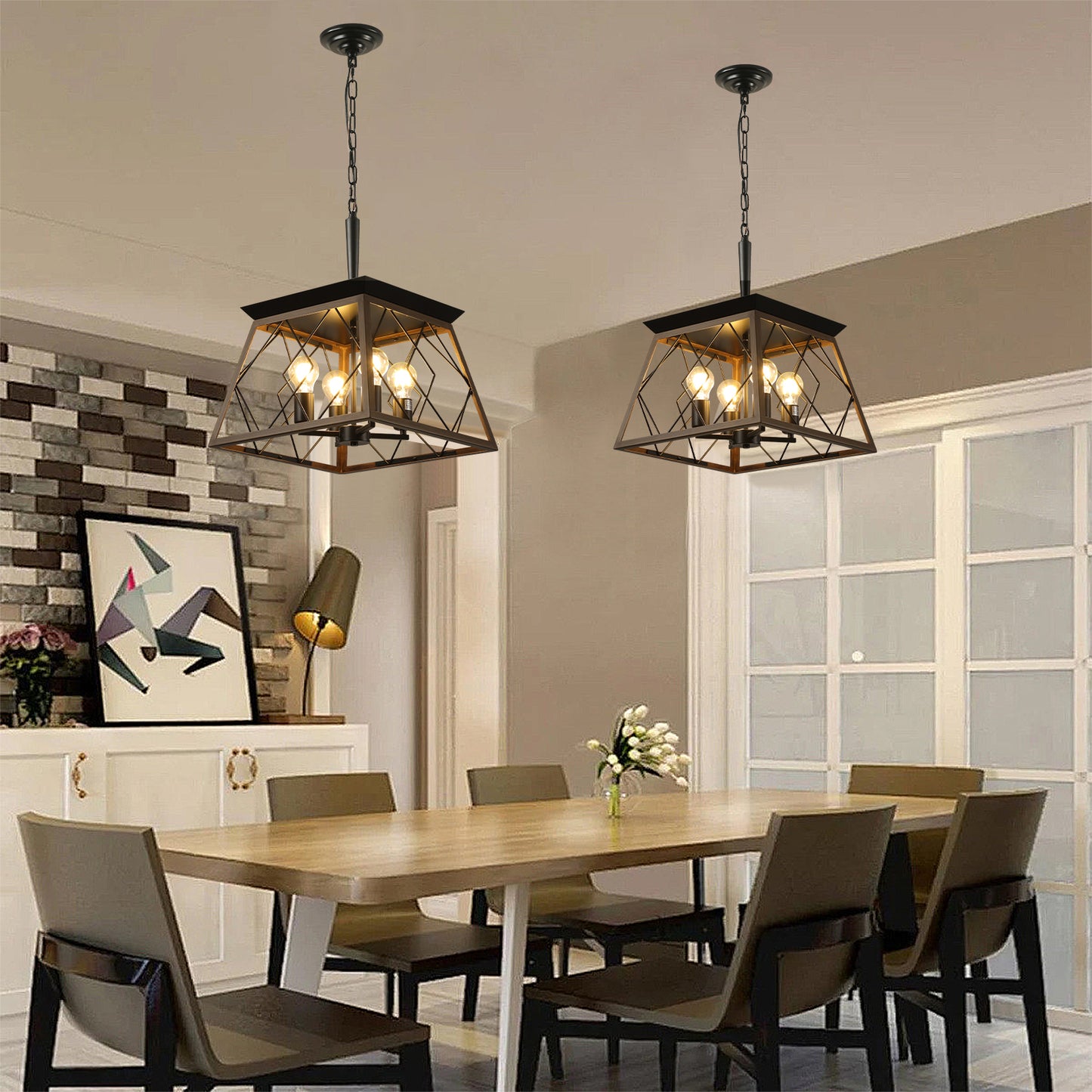 Same As W1340111202-L1008  16in  Walnut Industrial 4-Light Pendant Chandelier, Modern Metal Cage Design, Adjustable Hanging Light For Dining Room, Kitchen, Living Room  No Bulbs