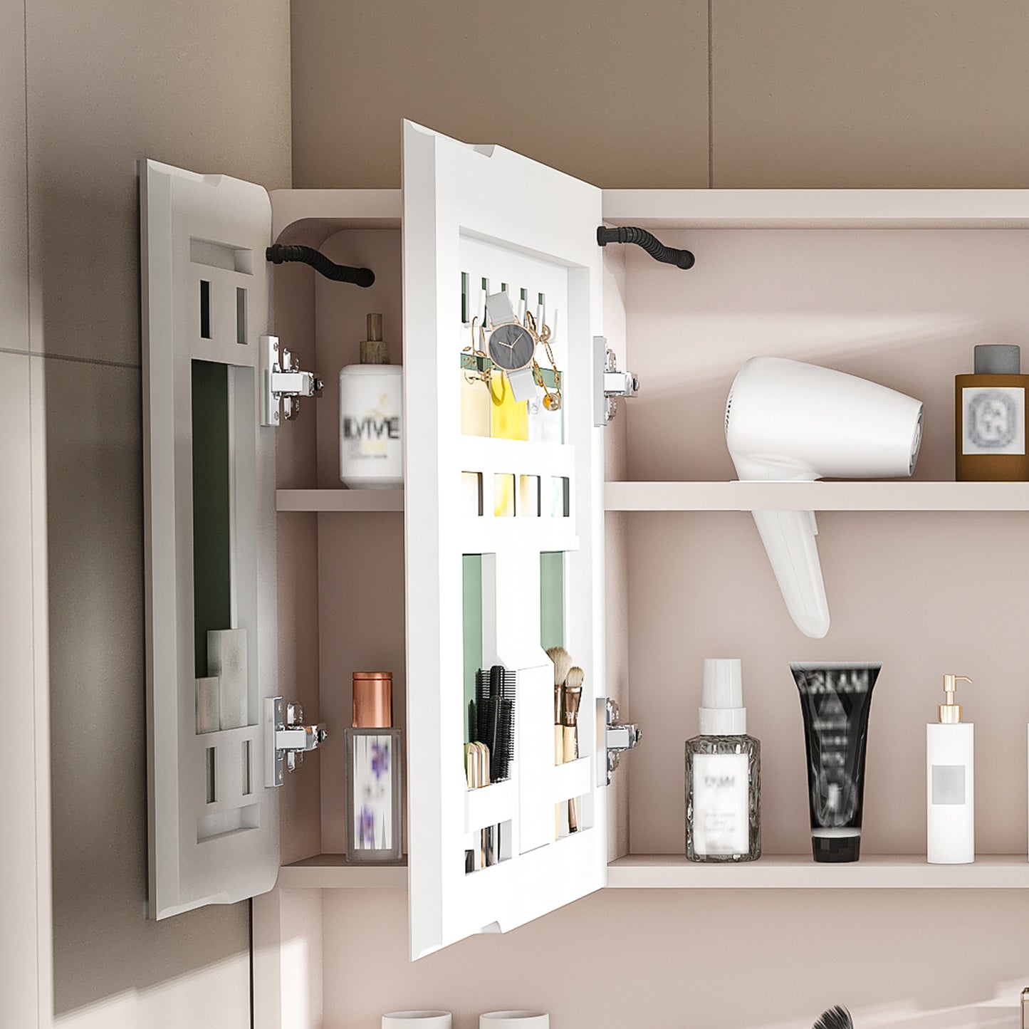 Aluminium Medicine Cabinet Mirror  35 X 28 Inches Medicine Cabinet With 3 Colors LED Light And Defogging Function  Bathroom Mirror Cabinet With Cosmetic Storage Rack And Hair Dryer Holder  Khaki