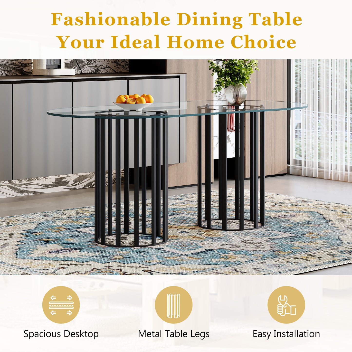 71 Inch Oval Tempered Glass Dining Table,black Double Column Light Luxury Style,tempered Glass Scratch Resistant And Easy To Clean.Suitable For 6-8 People Dining, Modern Light Luxury Restaurant Table.