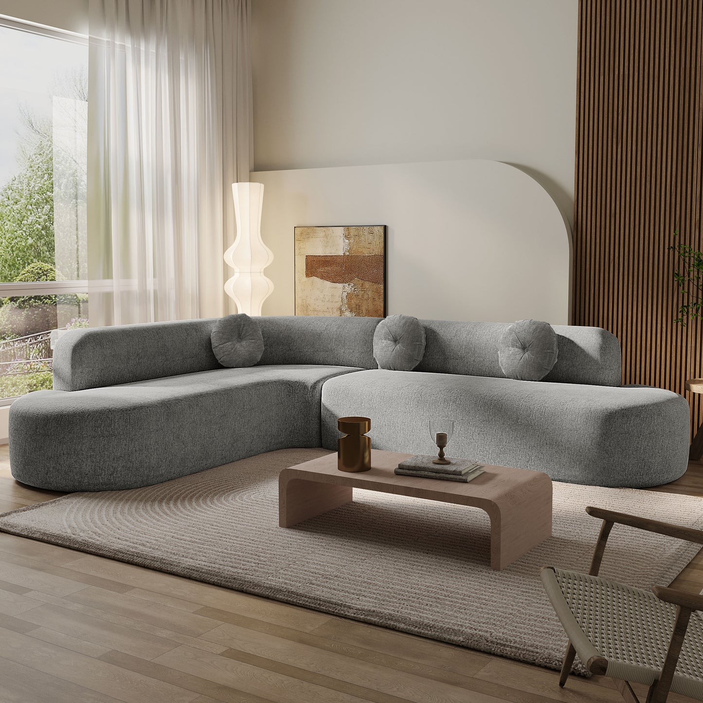 Mirod 122'' Extra Large Sectional Sofa Soft Fabric Upholstery, Elegant Curved Design With Three Round Cushions , High-Resilience Foam For Ultimate Comfort