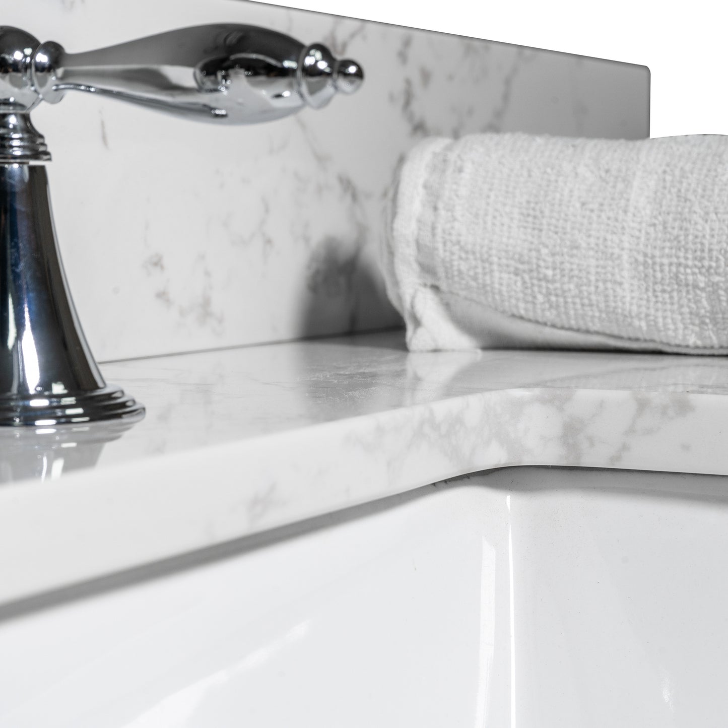 Montary 43x22 Bathroom Stone Vanity Top  Engineered Stone Carrara White Marble Color With Rectangle Undermount Ceramic Sink And  3 Faucet Hole With Back Splash .