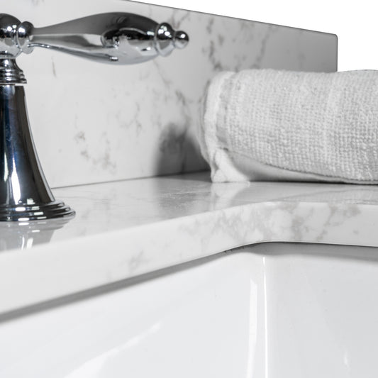 Montary 43x22 Bathroom Stone Vanity Top  Engineered Stone Carrara White Marble Color With Rectangle Undermount Ceramic Sink And  3 Faucet Hole With Back Splash .