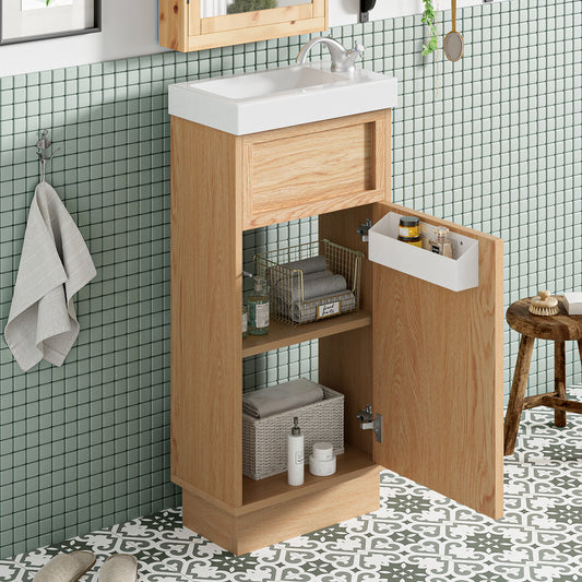 15.75  Bathroom Vanity With Reversible Resin Sink, MDF Cabinet With Adjustable Shelf And Push-to-Open Door, Wood Grain Melamine Finish, Reversible Door, Rustic Style For Small Spaces