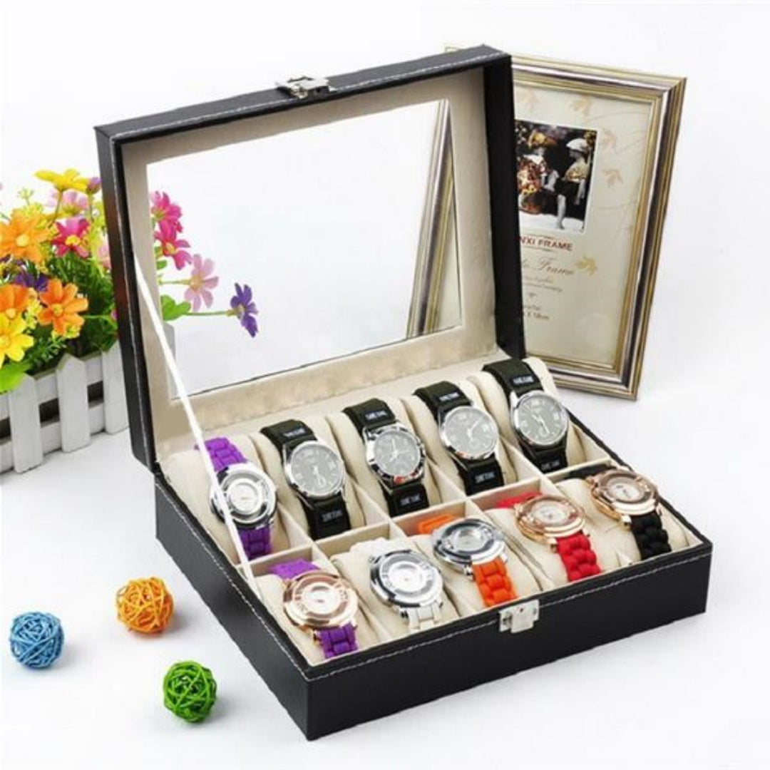 10 Compartments High-grade Leather Watch  Storage Box Black