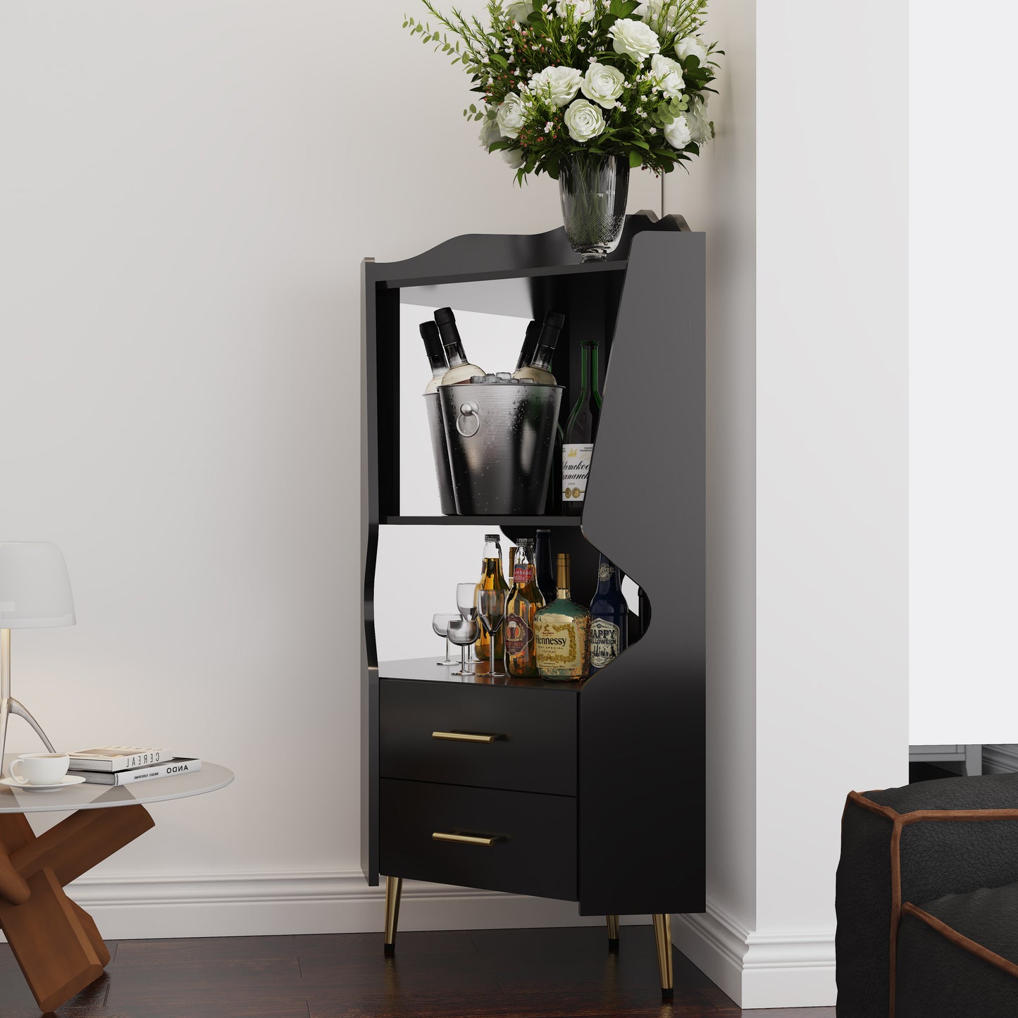 Wooden Corner Bar Cabinet With 2 Open Storage Shelves And 2 Drawers, Mirrored Back Sideboard Cabinet, High Feet Legs For Easy Cleaning, Buffet Cabinet BLACK