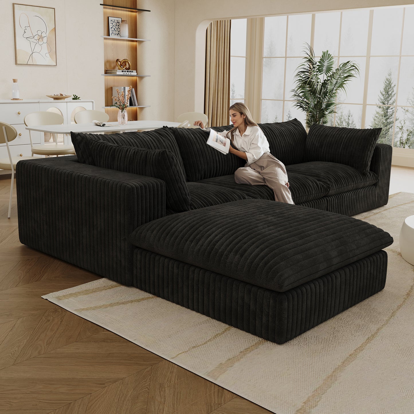 118.2 Cloud Sofa,Corduroy Fabric,Deep Seat Couches,Double-layer Design,Removable Cushion,No Assembly, DIY Combination For Living Room, Bedroom,Conference Room ,Apartment,Black