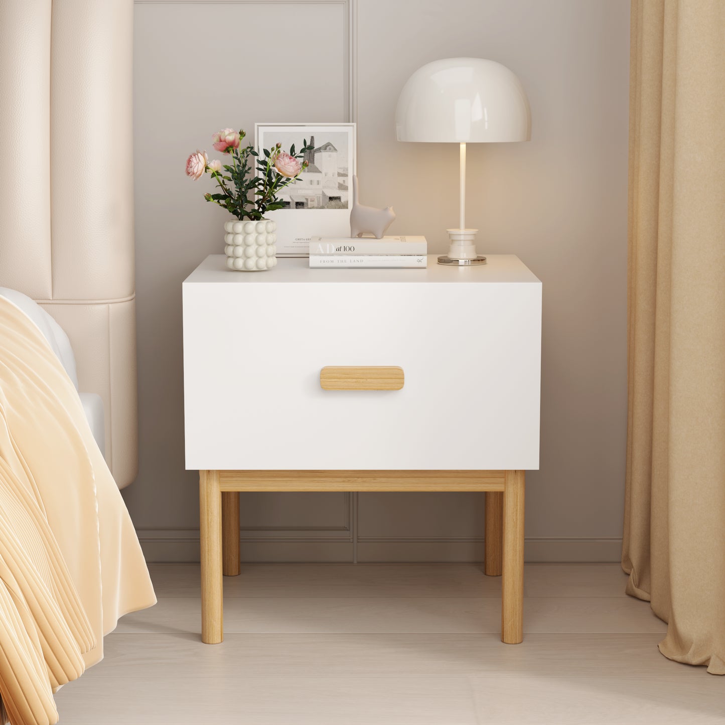 Modern White Nightstand With Drawer And Wood Legs, Minimalist Bedside Table With Handle For Bedroom, Living Room, Apartment