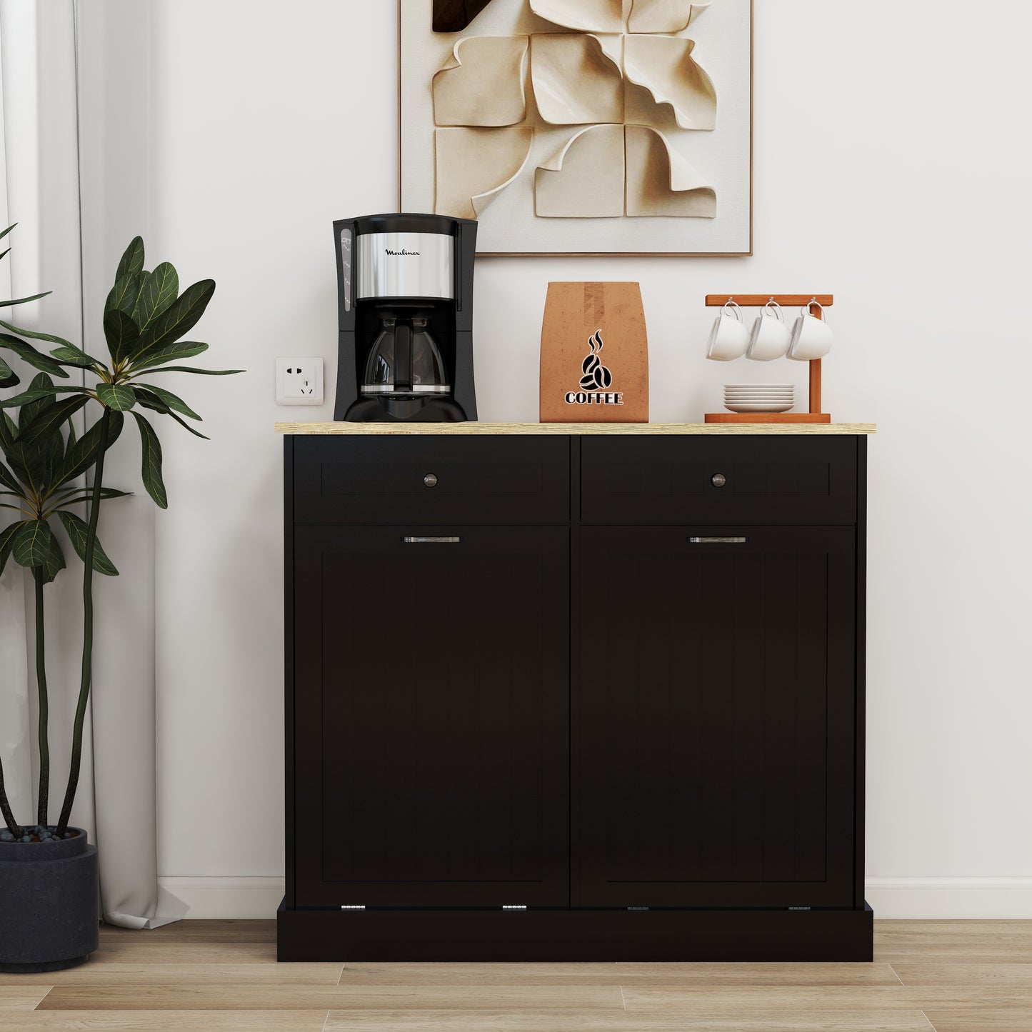 Two Drawers And Two-Compartment Tilt-Out Trash Cabinet Kitchen Trash Cabinet-Black