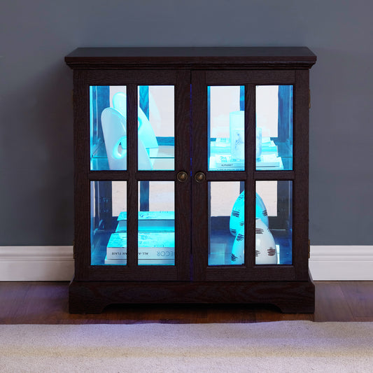LED Curio Display Cabinet,Antique Display Cabinet With Adjustable Shelves,Retro Design Quality Showcase With Lattice Doors Elegant Bookcase And Storage Cabinet For Home Decor And Organization CHE