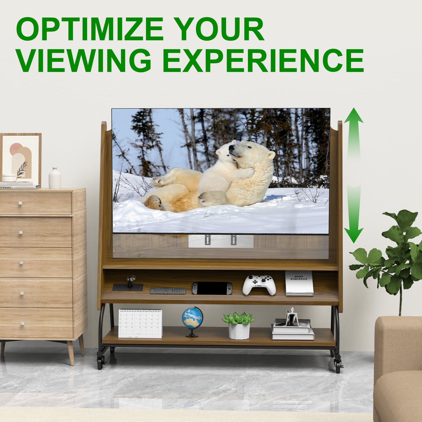 Mobile TV Stand With Mount For 32-50 TV With Projector Screen & Power Outlets - Adjustable Rolling TV Cart, MDF Wood