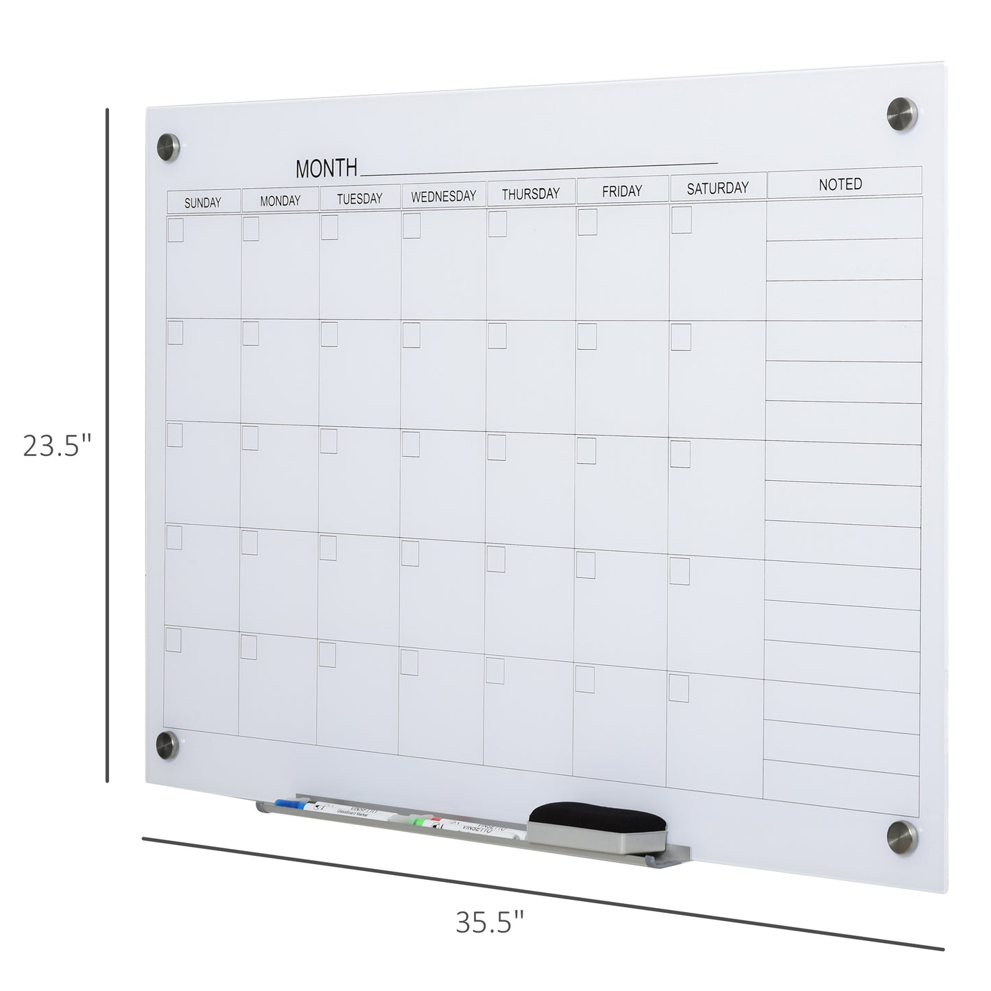 35"x23" Dry Erase Wall Calendar Glass Whiteboard Monthly Planner For Homeschool Supplies & Home Office Organization With 4 Markers And 1 Eraser,Frameless