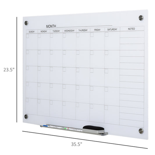35"x23" Dry Erase Wall Calendar Glass Whiteboard Monthly Planner For Homeschool Supplies & Home Office Organization With 4 Markers And 1 Eraser,Frameless