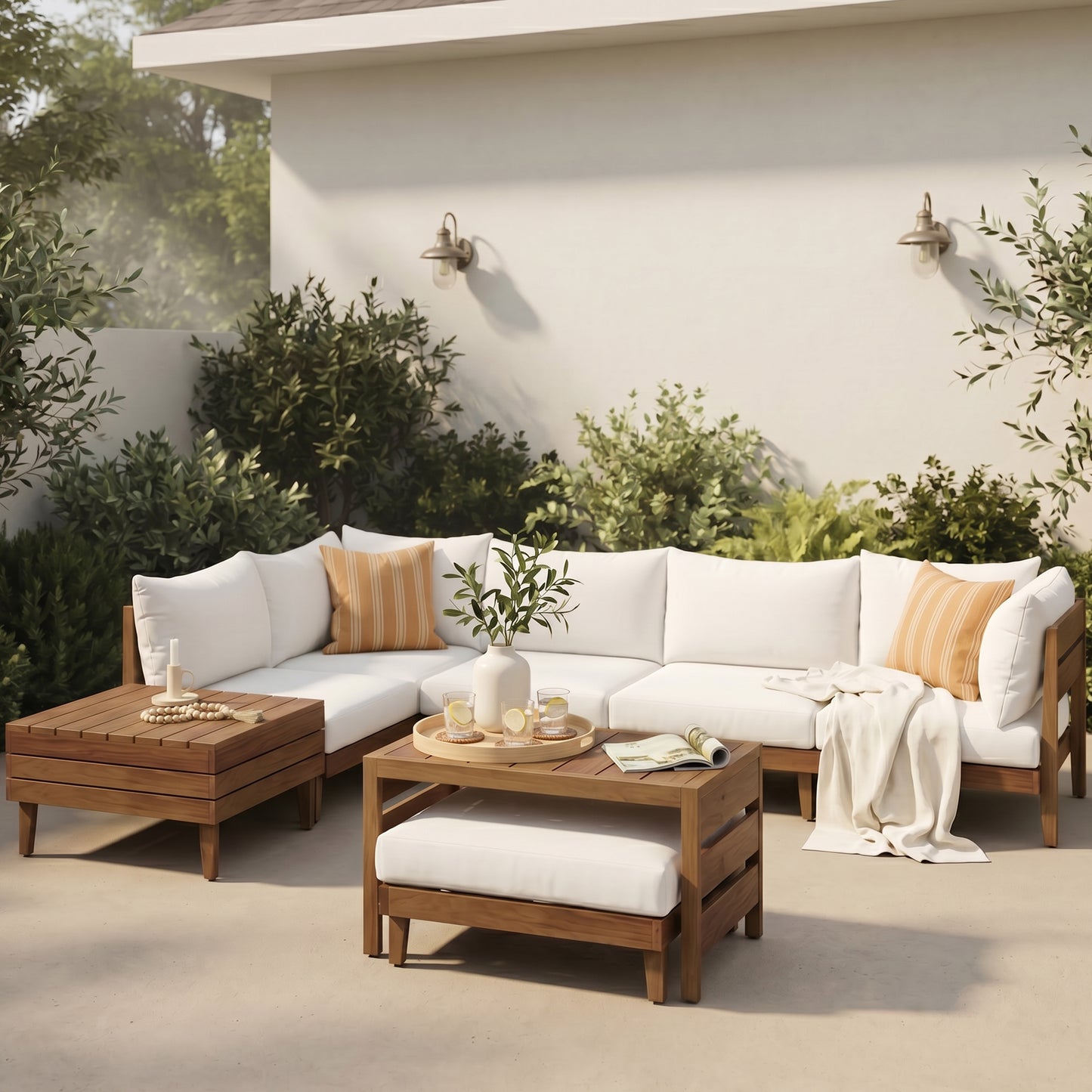 TOPMAX 8-Piece Acacia Wood Outdoor Patio Sofa Set, Modular Sectional Furniture Set With Storage Tea Table, Coffee Table And Cushions For Backyard, Poolside, Indoor&Outdoor, Beige